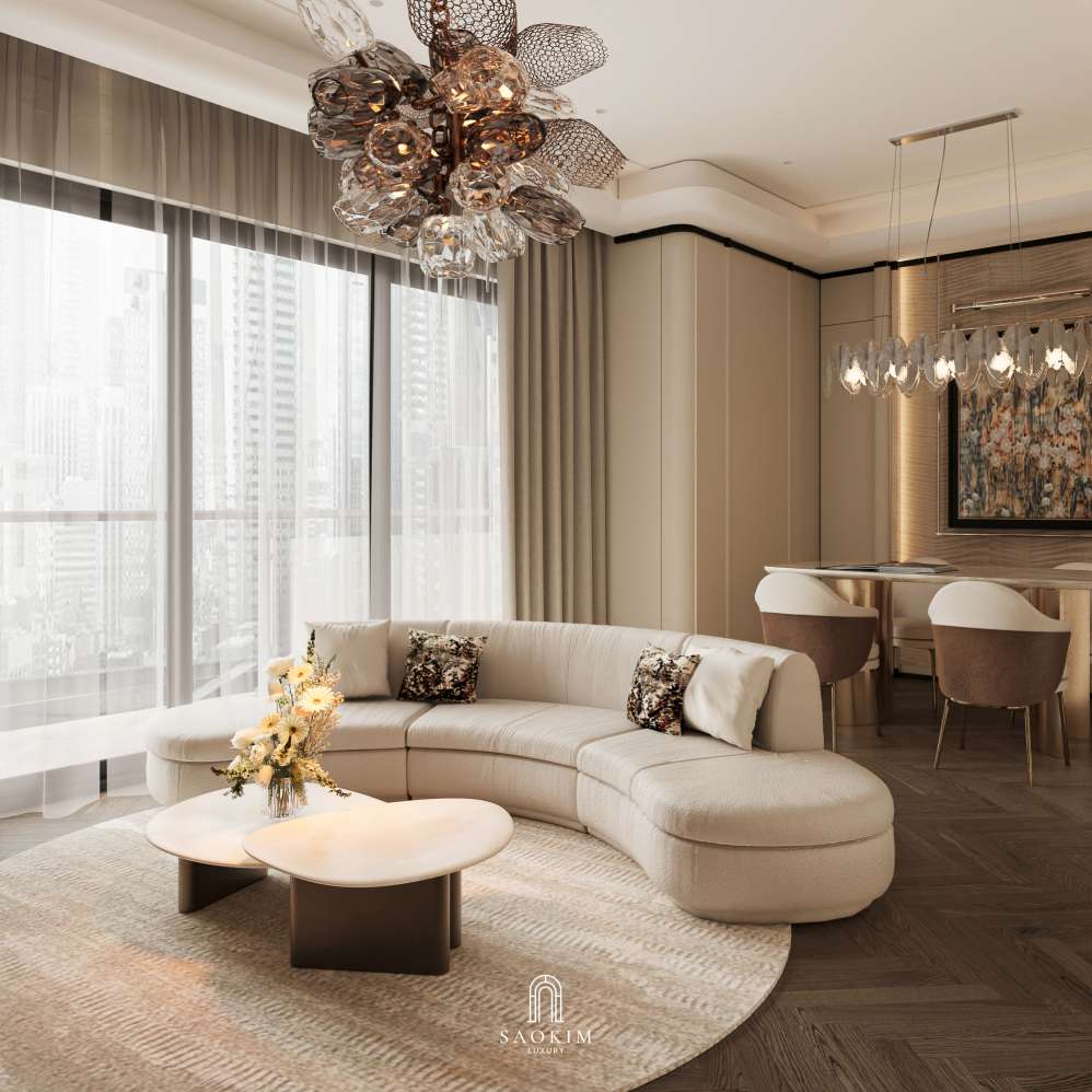 Không gian phòng khách đẹp, tiện nghi trong thiết kế nội thất chung cư cao cấp Lumière Evergreen phong cách Quiet Luxury
